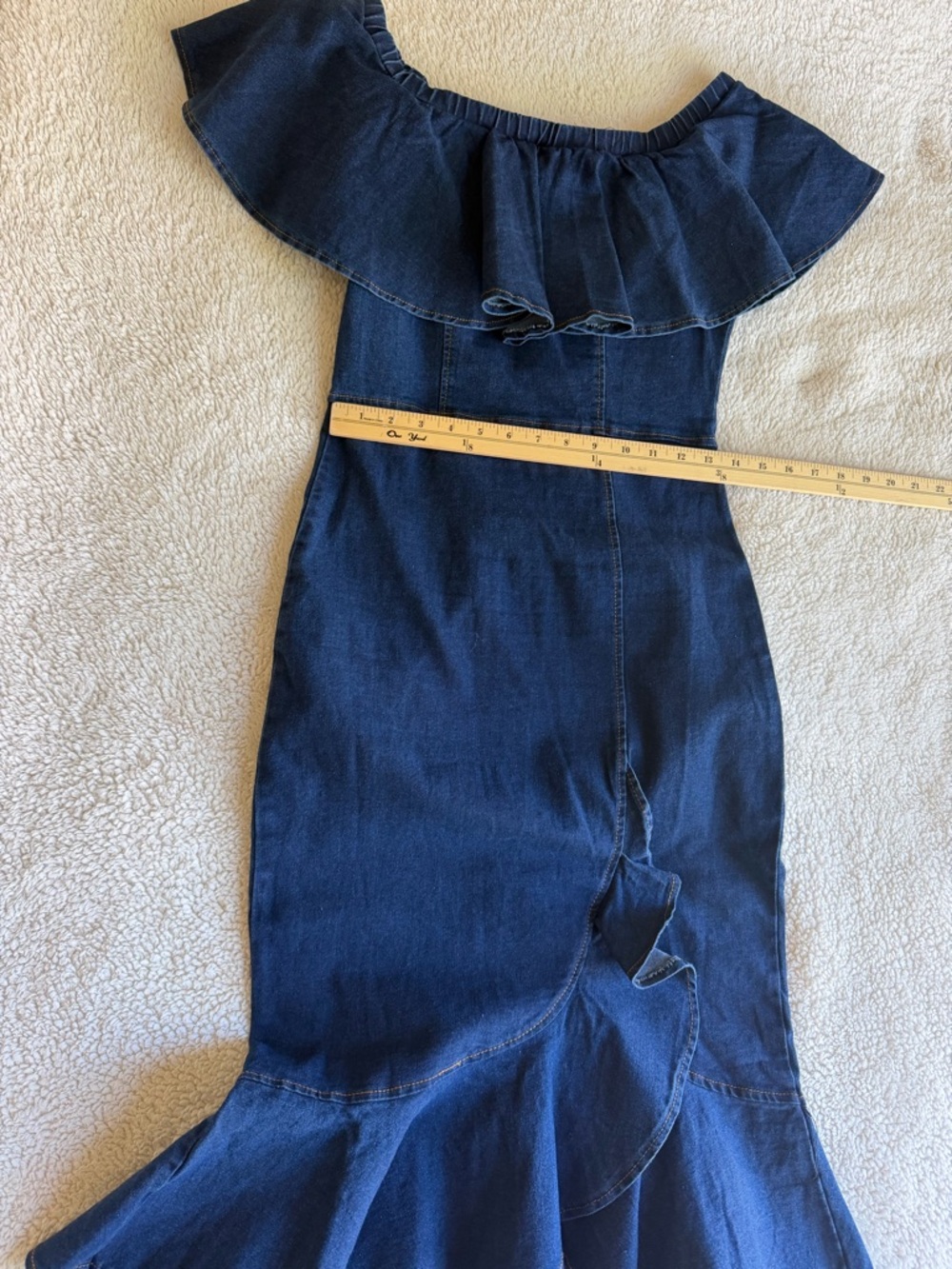 Off-Shoulder Ruffle Denim Midi Dress - Navy - Picture 6 of 6
